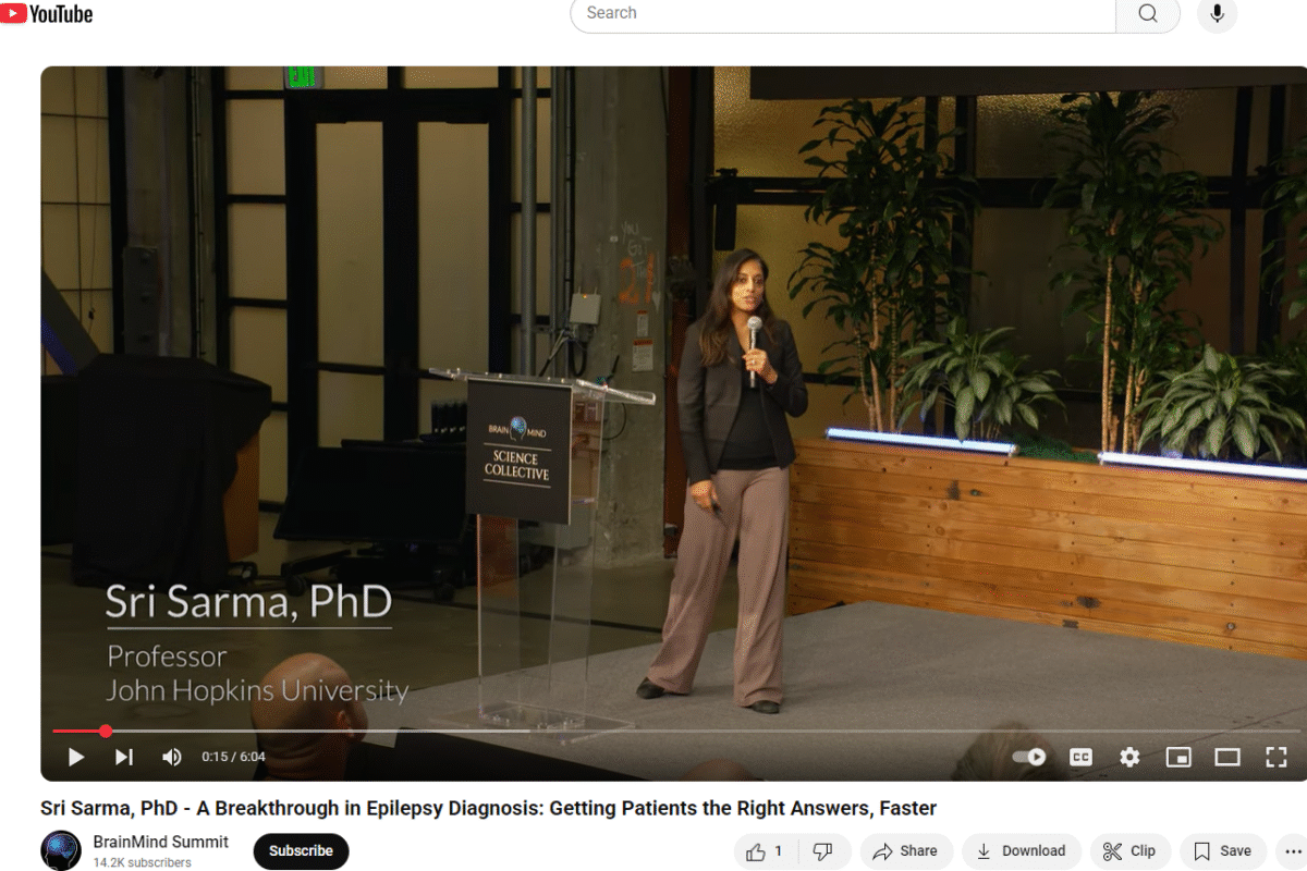 Sri delivering a Lightning Talk at the BrainMind Science Collective in March 2025.
