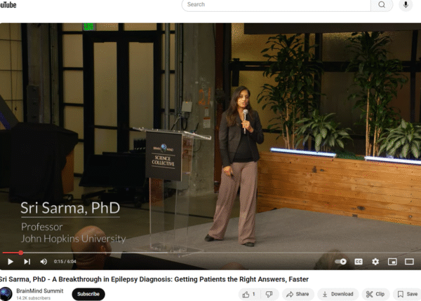 Sri delivering a Lightning Talk at the BrainMind Science Collective in March 2025.